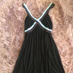 Flowy black dress with teal and brown accent